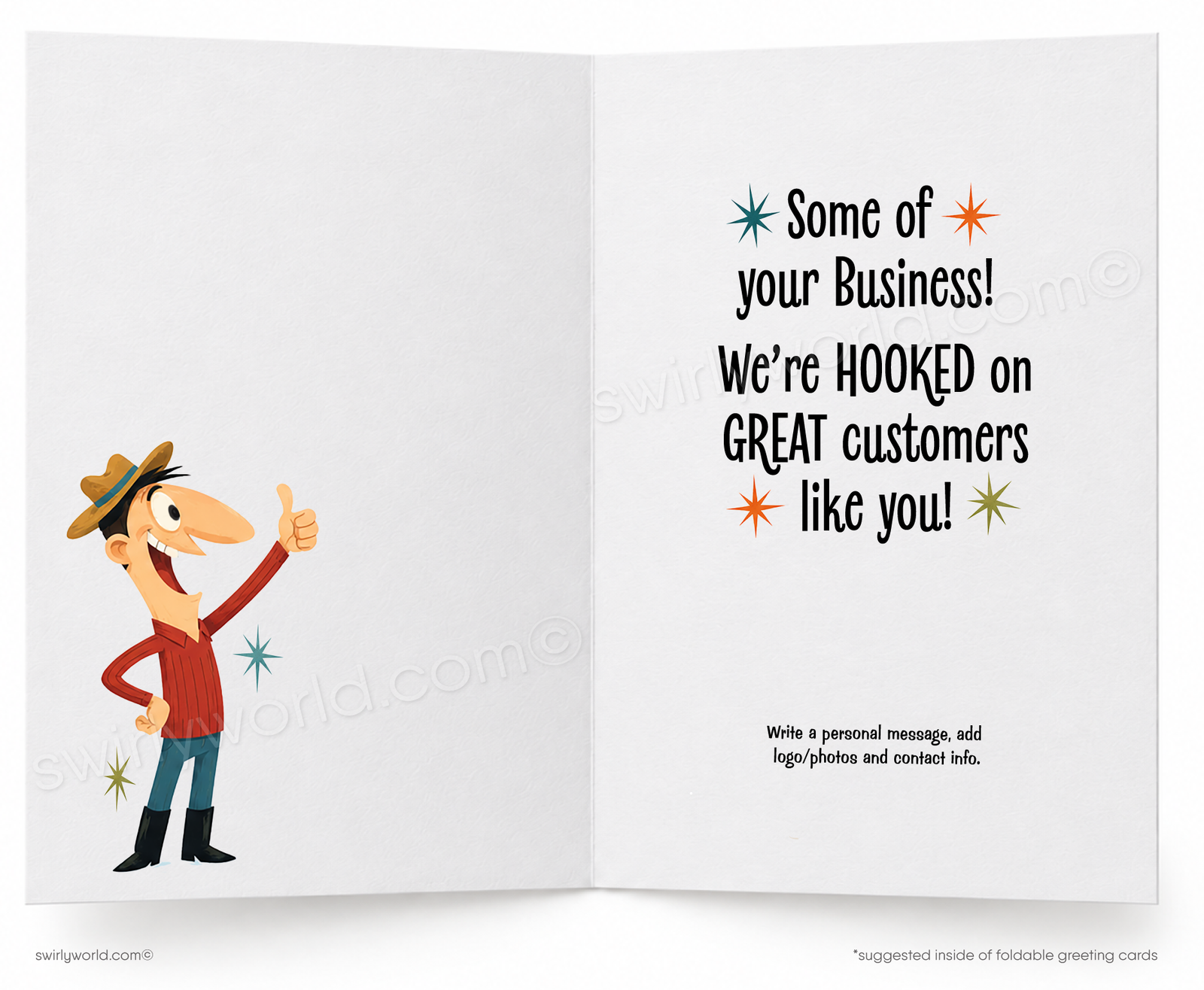 A folded greeting card shown front-on against a white background. The card features a whimsical illustration of a man fishing from a dock by a lake, with the text 'Still Hopin' To CATCH!' at the top.