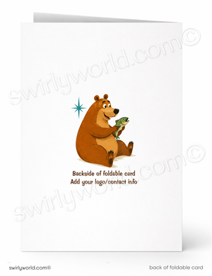 A white foldable greeting card shown front and back. The front features a cartoon brown bear holding a green fish with a small blue star above it and placeholder text below.
