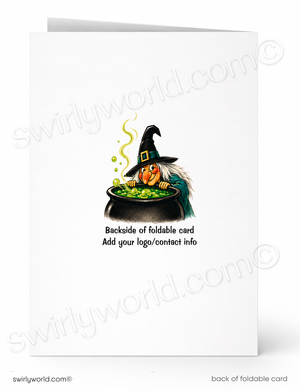 A folded greeting card shown front and back on a white background. The front features a small illustration of a witch in a black hat leaning over a cauldron filled with green potion, with the text 'Backside of foldable card' and 'Add your logo/contact info'.