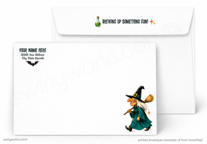 White printed envelopes shown on a white background, with one envelope front featuring a cartoon witch in a teal dress and black hat, plus sample text fields and a bat icon; the second envelope behind it shows a small potion and sparkles logo with the phrase 'Brewing up something fun!'.