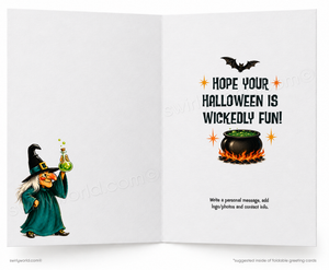 An open greeting card with a white interior design featuring a cartoon witch holding a potion on the left and Halloween-themed text and graphics on the right, including a bat, cauldron, and stars.