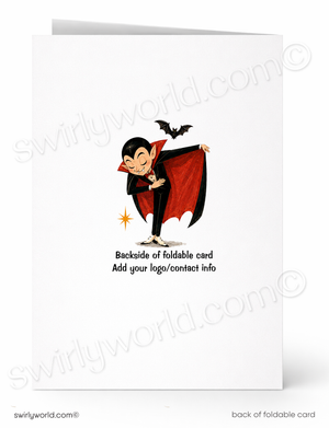A white foldable card shown front and back. The front features a cartoon vampire in a black suit and red cape with a small bat and star, and placeholder text reading 'Backside of foldable card' and 'Add your logo/contact info'.