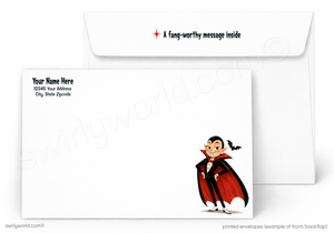 A printed envelope set shown on a white background, with the front of one envelope overlapping the back of another. The front has a vampire cartoon illustration in a red cape and black hair, plus sample address text.