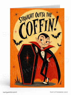 A Halloween-themed foldable card featuring a cartoon vampire standing next to a black coffin. The card has an orange border with a large cream circle in the background, black bats, and the text 'STRAIGHT OUTTA THE COFFIN!' in a playful serif font.