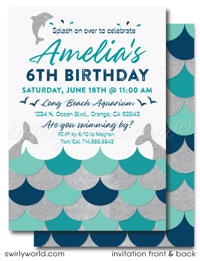 Nautical Dolphin Swimming Pool Aquarium Birthday Party Printed Invites & Envelopes