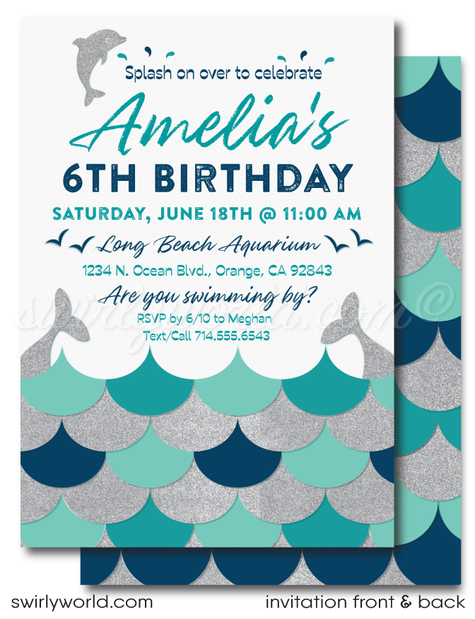 Dive into the wonders of the ocean with our "Under the Sea" Dolphin Swim Party Birthday Invitation Set! 🐬🌊 Featuring beautiful aqua blue, silver, and navy hues, this nautical-themed set includes invitations, thank you cards, and matching envelopes. Perfect for a dolphin-themed birthday celebration at the pool or aquarium!