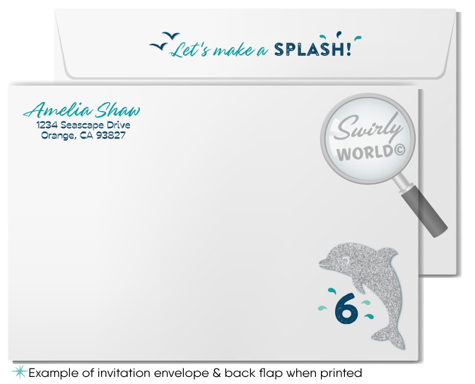 Nautical Dolphin Swimming Pool Aquarium Birthday Party Printed Invites & Envelopes