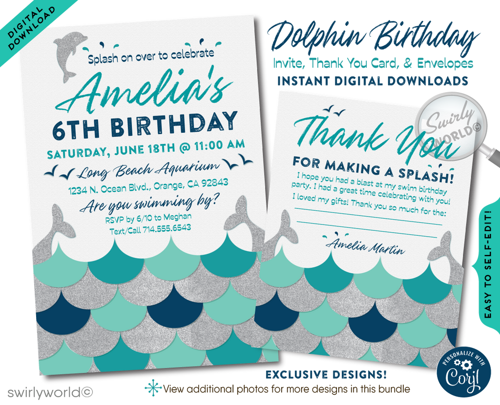 This sea-faring design sets the perfect scene for a dolphin-themed birthday celebration, with charming nautical motifs that evoke the spirit of ocean exploration. Whether you're planning a splashy affair at the swimming pool or a visit to the aquarium, this digital download provides all you need to make your event a splash hit.