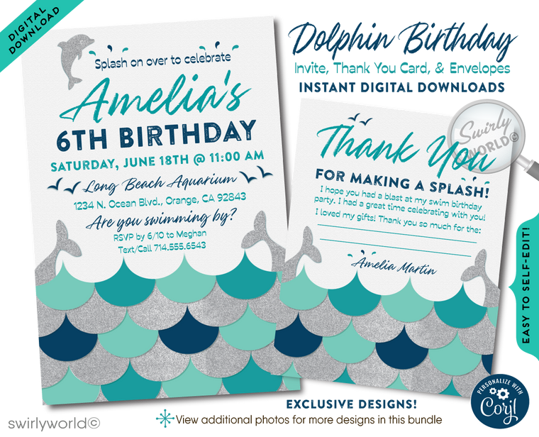 Nautical Dolphin Swimming Pool Aquarium Ocean Birthday Party Digital Download