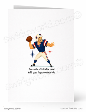 A folded greeting card shown front and back on a white background. The front features a cartoon football player in a navy, red, and white uniform with a brown football, plus placeholder text reading 'Backside of foldable card' and 'Add your logo/contact info.