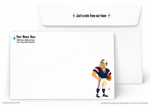 A set of printed custom envelopes shown on a white background, with one envelope displaying a football player illustration and the other showing placeholder text for customization.