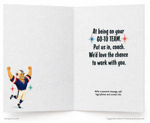 An open greeting card with printed text on the right panel and a cartoon football player on the left panel, shown against a plain white background.