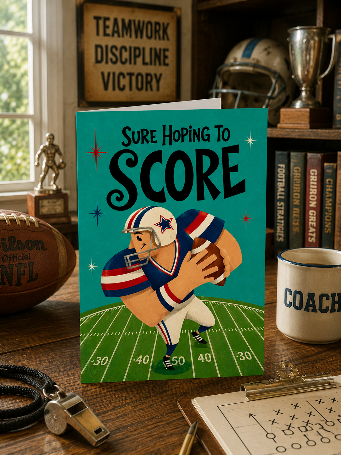 A folded greeting card shown front-on against a white background. The card features a retro-style illustration of an American football player running with a ball on a teal field, with the text 'SURE HOPING TO SCORE' at the top.