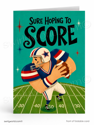 A folded greeting card shown front-on against a white background. The card features a retro-style illustration of an American football player running with a ball on a teal field, with the text 'SURE HOPING TO SCORE' at the top.