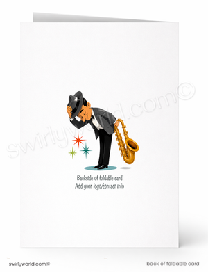 Greeting card with a cartoon character playing a saxophone on a white background