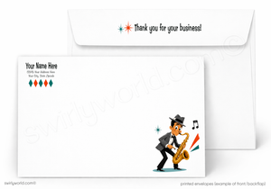 Greeting card with a cartoon character playing a saxophone and an envelope with 'Thank you for your business!' text.