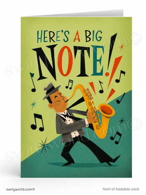 Greeting card with a man playing saxophone and colorful text on a green background