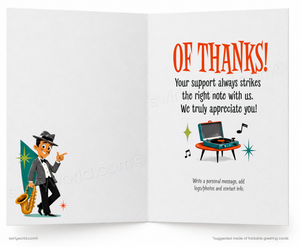 Open card with cartoon character, saxophone, and text 'OF THANKS!' on a white background