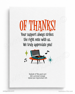 Greeting card with a record player illustration and text expressing gratitude.