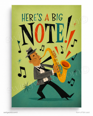 Illustration of a man playing saxophone with musical notes and 'Here's a Big Note!' text on a green and teal background.