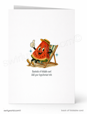 Back of a folded card with a cartoon watermelon character in a deck chair, giving a thumbs up.