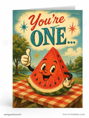 Vintage-style card with a watermelon character and 'You're ONE' text on a checkered tablecloth.