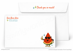 Cartoon watermelon character on a printed envelope with 'Thank you so much!' text.