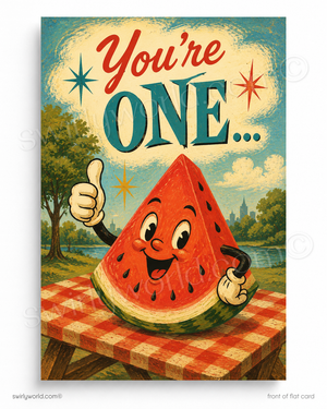 Cartoon watermelon character with text 'You're ONE...' on a vintage-style background
