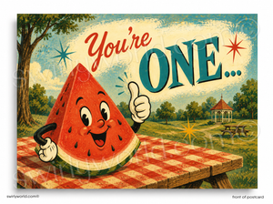 Vintage-style birthday card with a watermelon character giving a thumbs up on a picnic table.