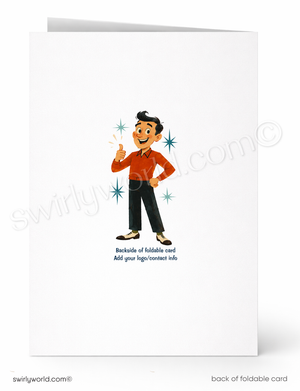 Backside of a folded card with a cartoon character and Swirly World branding.