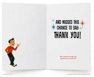 Open card with cartoon character and text 'And missed this chance to say: Thank you!' on a white background