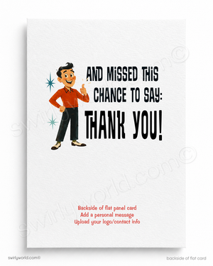 Card with a cartoon character and text 'And missed this chance to say: Thank you!' on a white background.