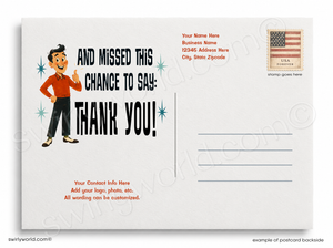 Vintage-style postcard with cartoon character and text 'And missed this chance to say: Thank you!' on a white background.