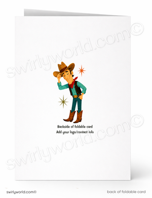 A folded white card shown front and back on a white background. The front has a small cowboy illustration with a brown hat, teal shirt, and brown boots, plus placeholder text reading 'Backside of foldable card' and 'Add your logo/contact info.