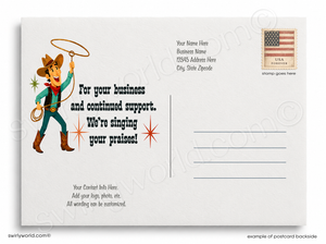 Customizable Christian western-themed postcard backside template featuring a cartoon cowboy holding a lasso with the text 'For your business and continued support. We're singing your praises!' and a USA Forever stamp placeholder.