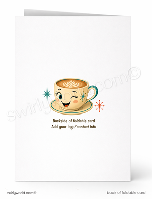 Backside of a foldable card with a cartoon coffee cup design and space for branding.