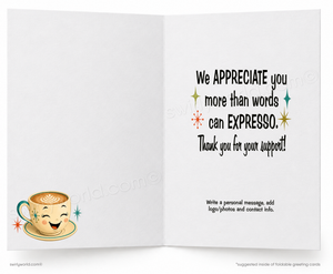 Open card with a coffee cup illustration and text on a white background