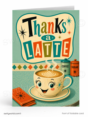 Greeting card with a retro-style coffee cup and 'Thanks a Latte' text on a teal background.