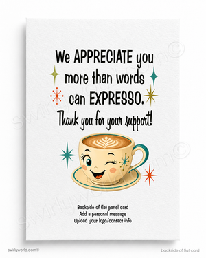 Card with a smiling coffee cup illustration and text expressing appreciation for support.