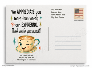 Postcard with a coffee cup illustration and text on a white background