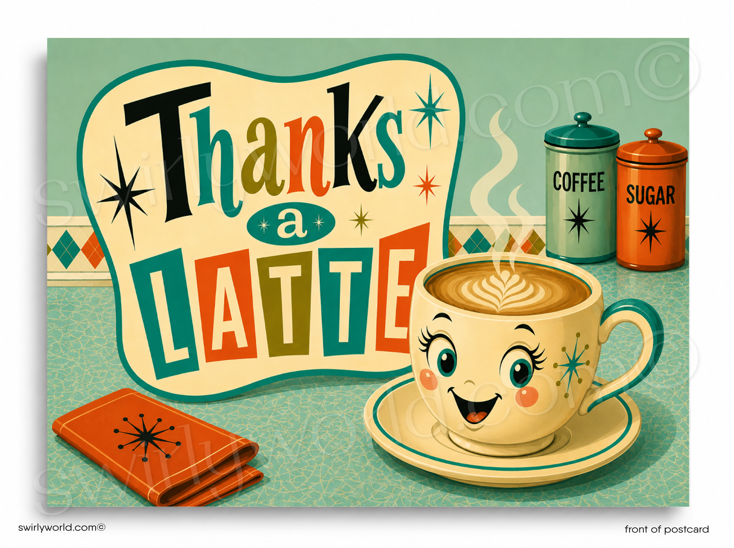 Vintage-style postcard with a cartoon coffee cup, 'Thanks a Latte' text, and coffee-themed decor.
