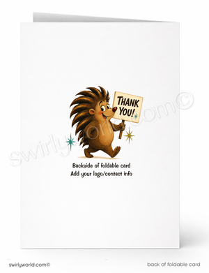 Greeting card with a hedgehog holding a 'Thank You!' sign on a white background