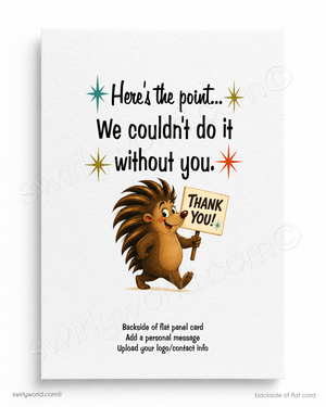 Cartoon hedgehog holding a sign with 'Thank You!' text on a white background