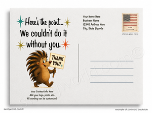 Postcard with cartoon hedgehog holding a sign saying 'Thank You!' and text 'Here's the point.