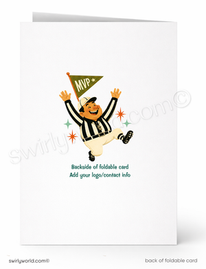 Greeting card with a referee character holding an MVP flag on a white background