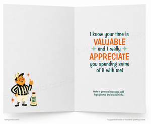 Open card with a cartoon referee and text expressing appreciation.