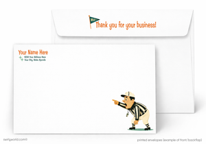 Greeting card with a cartoon referee pointing to an envelope that says 'Thank you for your business!'.