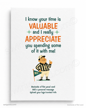 Card with a cartoon referee and text expressing appreciation for time spent together.