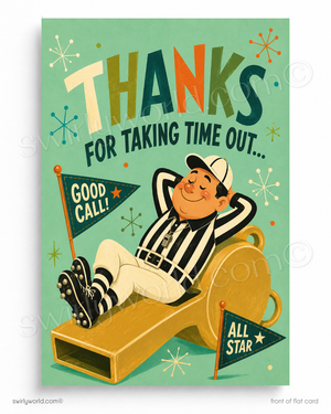 Vintage-style card with a referee sitting on a slide, surrounded by colorful text and flags on a green background.