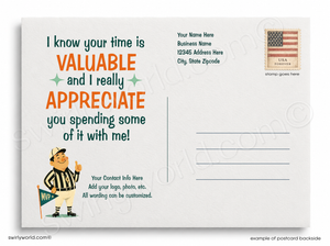 Postcard with a referee graphic and text on a white background